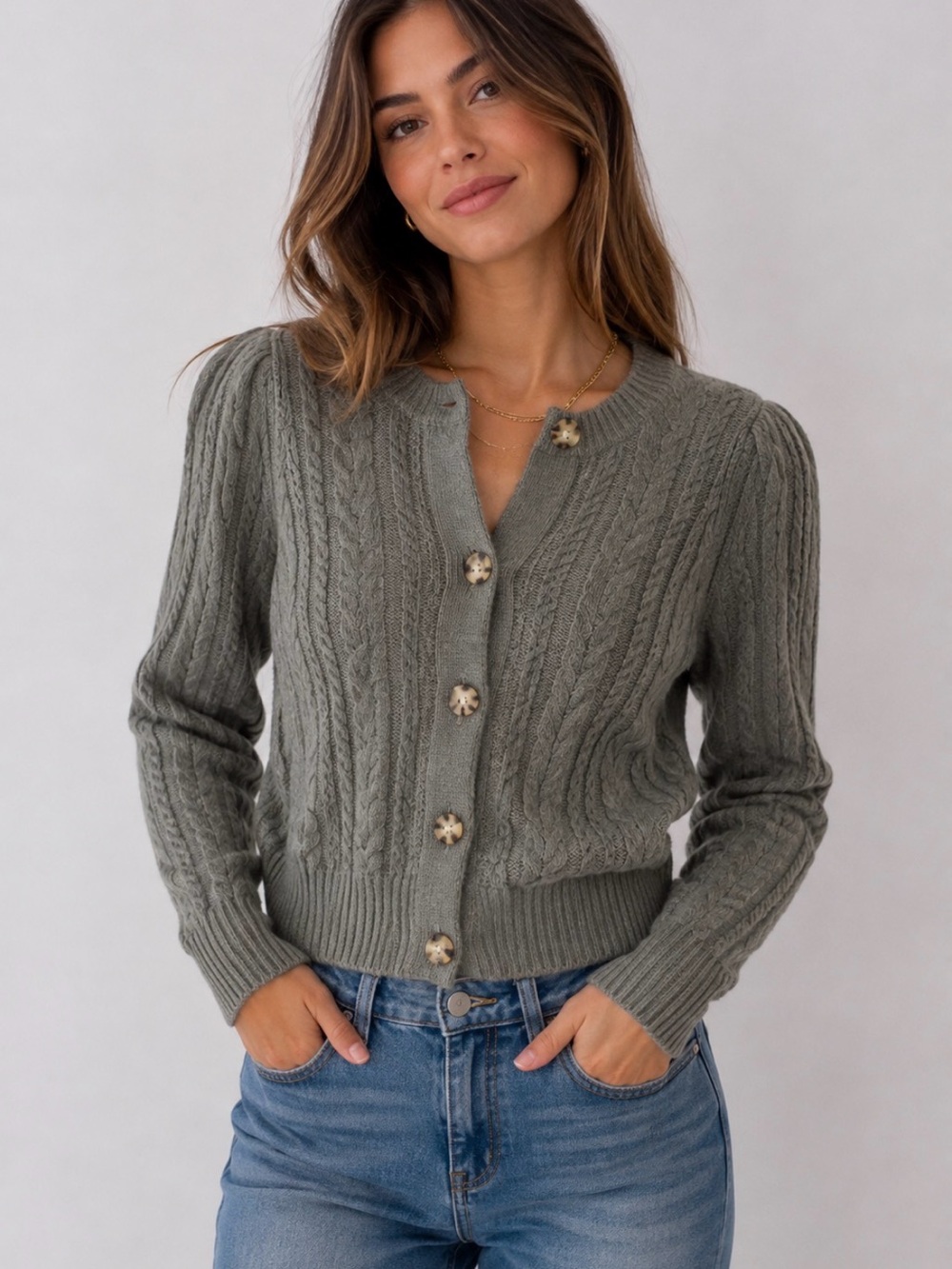 NWT LOFT Green Button-Up Cable Knit Preppy Cardigan Sweater Cotton Wool Blend